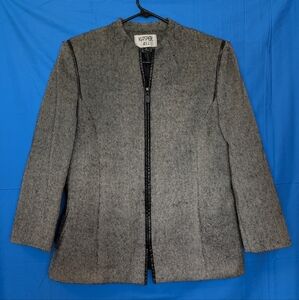 Kasper Size 14 Wool Tweed Zip Jacket With Faux Leather Trim